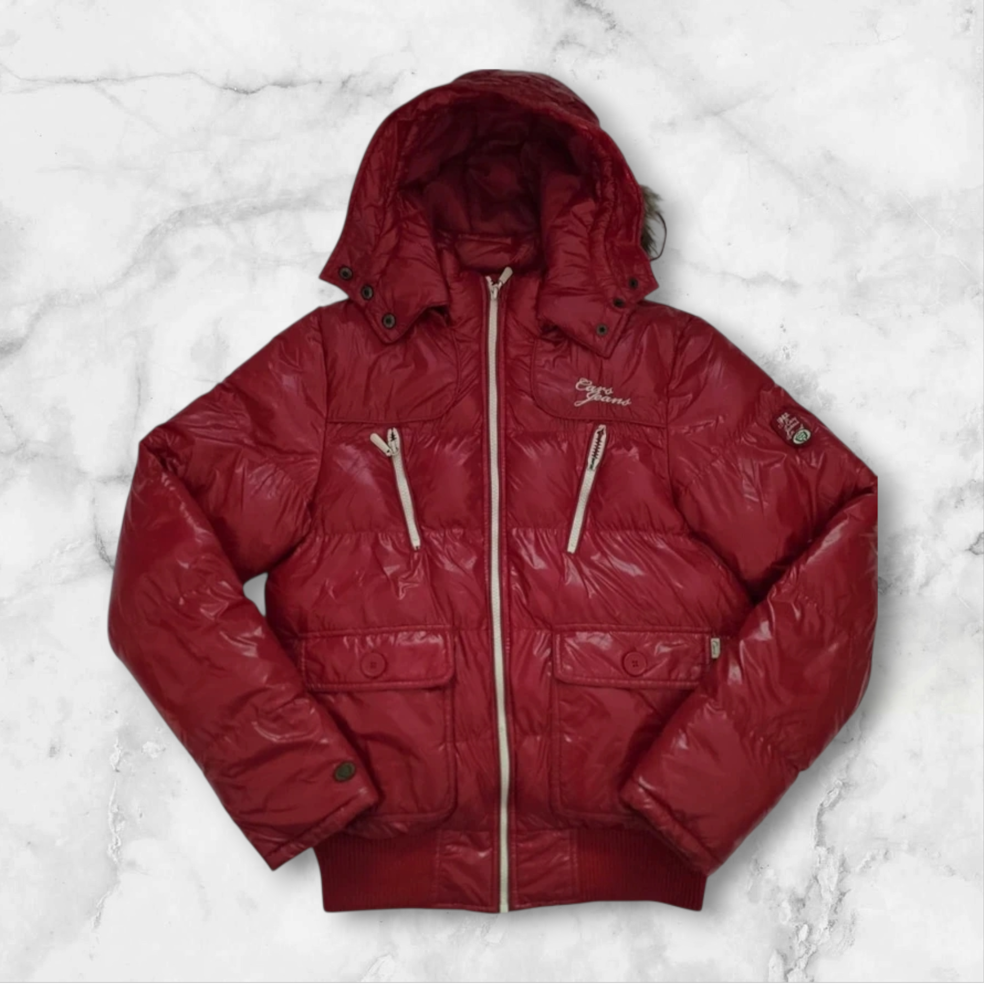 Stylische rote Cars Jeans Vintage Winterjacke Size M